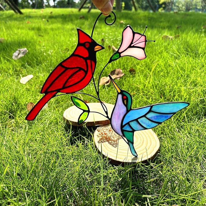 Stained Glass Red Cardinal with Hummingbird Suncatcher Window Hanging Ornament, Stain Glass Birds Sun Catchers for Window Decor,Red Cardinal Hummingbird Gifts for Women, Mom, Birds Lovers