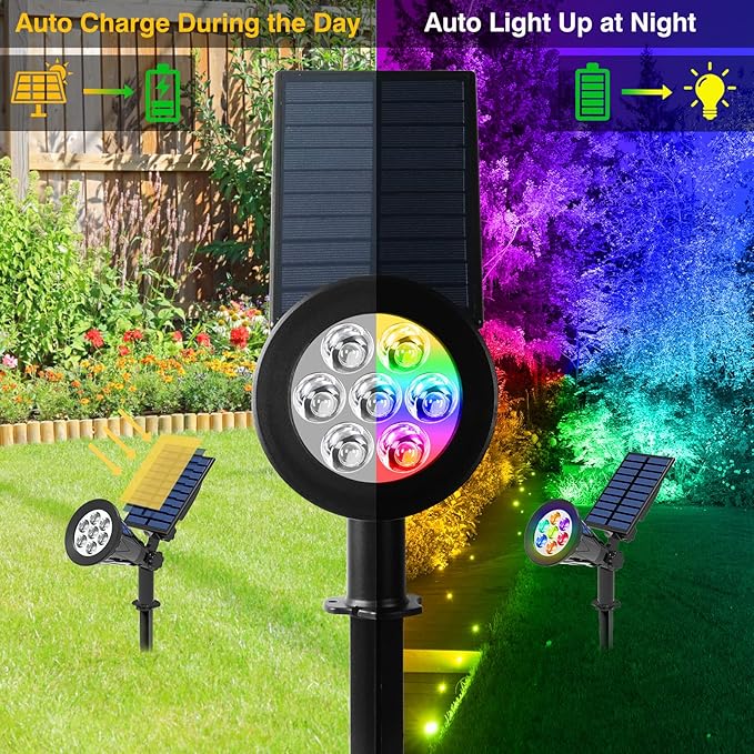 T-SUN Solar Spotlights, Color Changing 7 LED Waterproof Solar Garden Lights, Auto ON/OFF Adjustable Landscape Spot Lights, 2-IN-1 Solar Wall lights for Patio, Yard, Garden, Driveway, Pool Area(2 Pack)