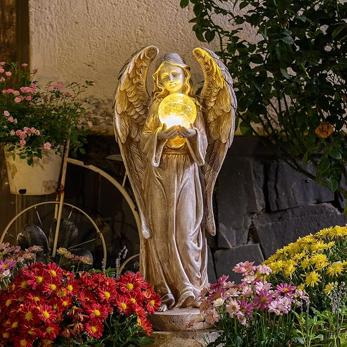 TERESA'S COLLECTIONS Large Angel Garden Statues with Solar Outdoor Light for Outdoor Decor, Fairy Figurine Resin with Wing & Glass Ball for Garden Decor, Yard Decor Lawn Ornament Gifts for Mom, 11"