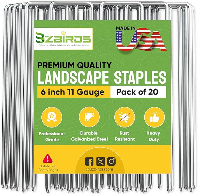USA Made 20 Pack Landscape Staples 6 inch 11 Gauge Garden Stakes Galvanized Steel | Yard Stakes for Decorations Weed Barrier Fabric | Ground Stakes for Gardening | Fence Stakes Landscape Pins