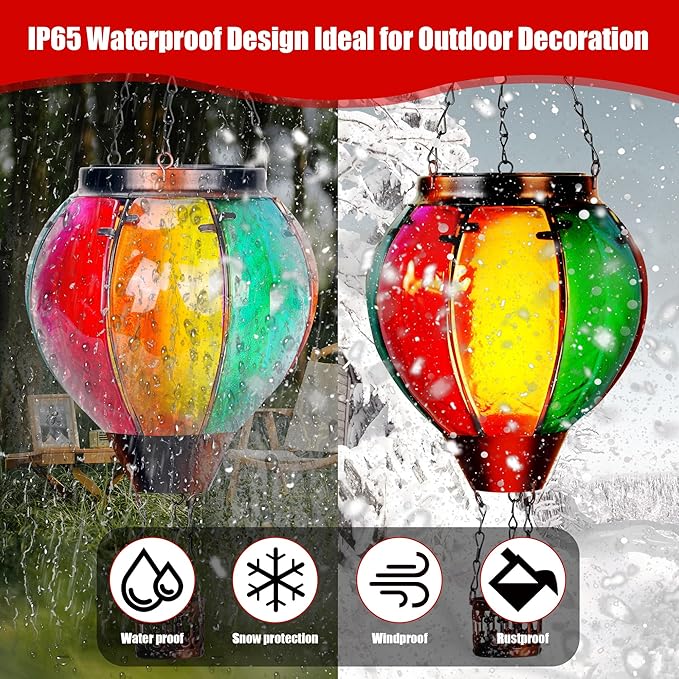 2 Pack Solar Hot Air Balloon Lantern with Flame, Hot Air Balloon Christmas Halloween Outdoor Decorations for Garden Yard Porch Decor, Large Hanging Outdoor Decor, Glass Solar Lantern Waterproof
