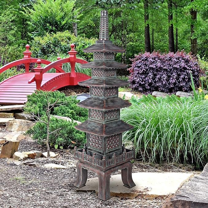 Design Toscano Nara Temple Pagoda Asian Decor Garden Statue, Grande 71 Inch Tall, Fiberglass Cast Stone Resin, Verdigris Green Bronze Finish