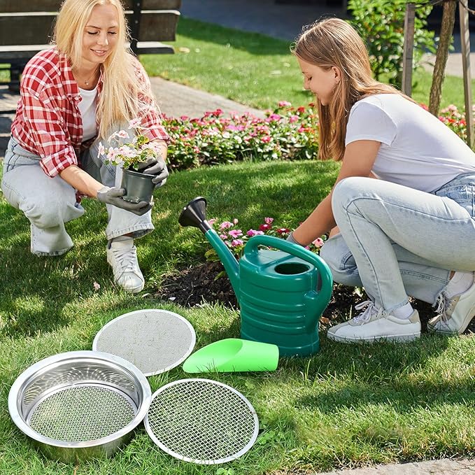 Soil Sieve Sifter Set Stainless Steel,Garden Sieve Set with 3 Interchangeable Mesh 1,3,5mm,Sifting Screen for Dirt, Sand, Rock, Filtration, Compost, with Soil Scoops Gardening Tool
