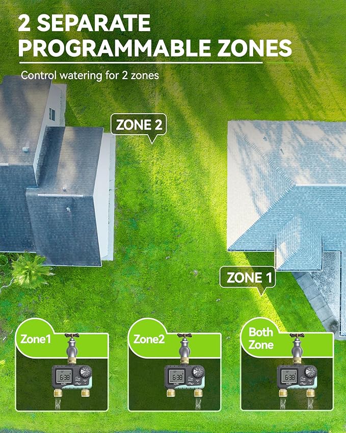 RAINPOINT 2 Zone Sprinkler Timer with Brass Inlet and Outlet - Water Timer for Garden Hose with Rain Delay/Manual Watering/Automatic Irrigation Controller System - Water Hose Timer for Yard Lawn