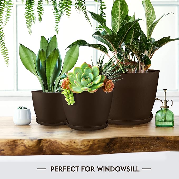 Utopia Home - Plant Pots Indoor with Drainage - 7/6.6/6/5.3/4.8 Inches Home Decor Flower Pots for Indoor Planter - Pack of 10 Plastic Planters for Indoor Plants, Cactus, Succulents Pot - Brown
