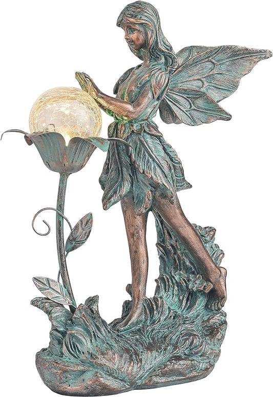 TERESA'S COLLECTIONS Garden Fairy Large Bronze Garden Sculptures & Statues Resin with Solar Outdoor Light, Valentines Decorations Lawn Ornaments for Outdoor Garden Decor, Gifts for Women Mom, 10.6"