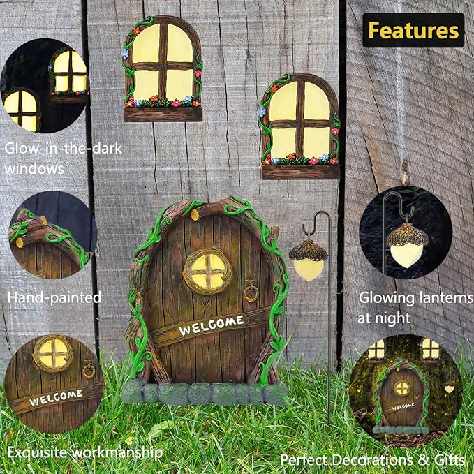 Miniature Fairy Garden Accessories Fairy Door and Windows for Trees, Glow in The Dark Yard Garden Sculpture Lawn Ornament Mini Garden Art Outdoor Decor Accessories with Lantern