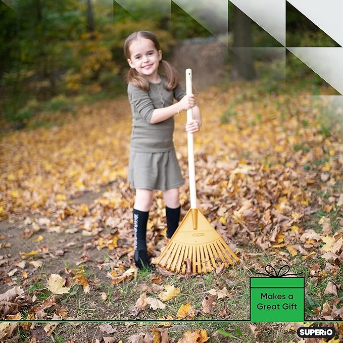 Superio Kids Rake with Hardwood Handle, Durable Plastic Head to Sweep Leaves in Lawn and Tidying Up The Garden, 34" (Kid Size, Yellow, 1-Pack)