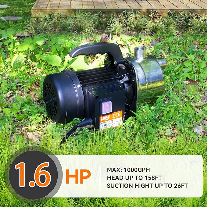 BACOENG 1.6 HP Water Transfer Pump Sprinkler Garden Pump, 1000GPH Lawn Pressure Booster Pump, Lake Pump for Irrigation and Water Draining, w/Check Valve & 3/4" Garden Hose Adapters