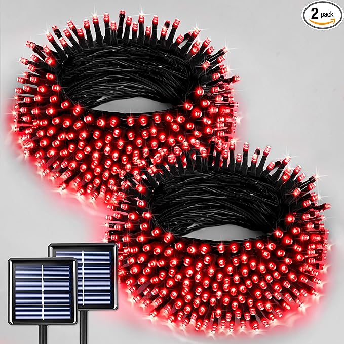 JMEXSUSS 2 Pack Red Solar String Lights, Total 400 LED 151FT Red Solar Lights Outdoor Waterproof, 8 Modes Christmas String Lights for Outside Yard Patio Garden Tree Decorations