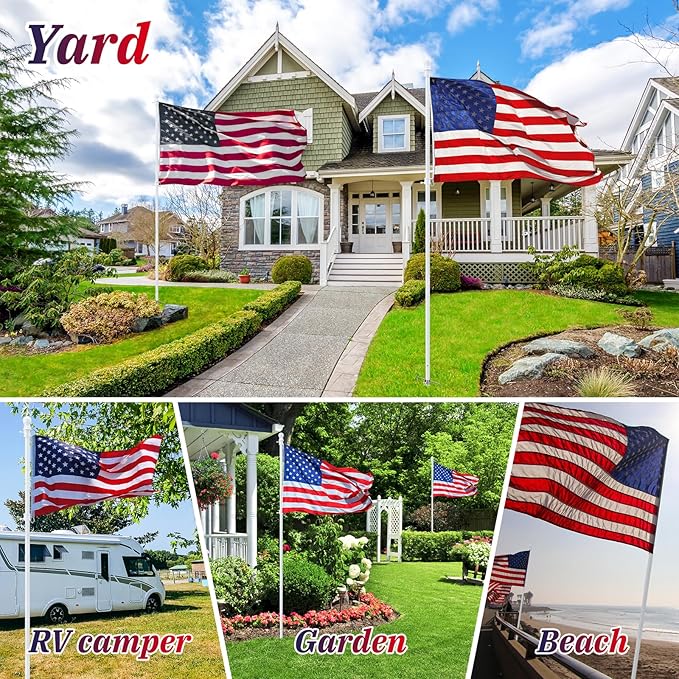 Yard Flag Pole for Outside Ground - 8.5 ft Tangle Free Heavy Duty Flag Pole Kit with 2 Anti-Tip Prong Base,Portable Inground Flag Holder with 3x5 American Flag for House Outdoor Campers,White