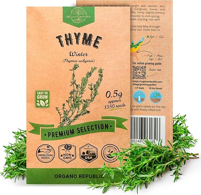 Thyme Seeds Pack 0.5 G - Over 1,350 Non-GMO Heirloom Thyme Seeds for Planting Herbs in Individual Seed Packet, Herbs Seeds for Planting Home Garden Indoor & Outdoor Gardening