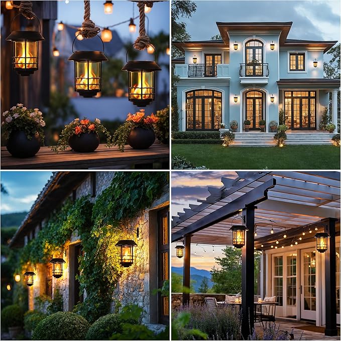 Otdair Solar Wall Lantern Outdoor, Flickering Flames Solar Sconce Lights Outdoor, Hanging Solar Lamps Wall Mount for Front Porch, Patio and Yard, 4 Pack