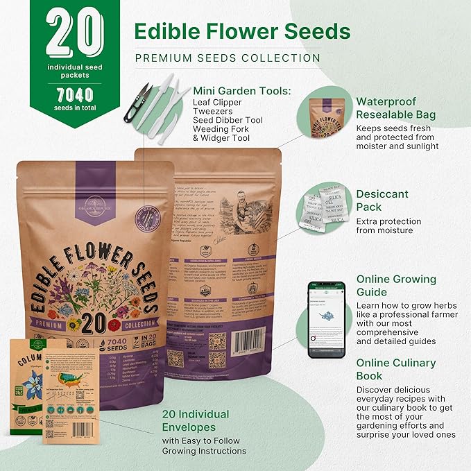 Organo Republic 20 Edible Flower Seeds Variety Pack- Indoor/Outdoor. 7000+ Non-GMO Heirloom: Borage, Bergamot, Nasturtium, Chives, Cape Daisy, Hyssop, Zinnia Seeds & More