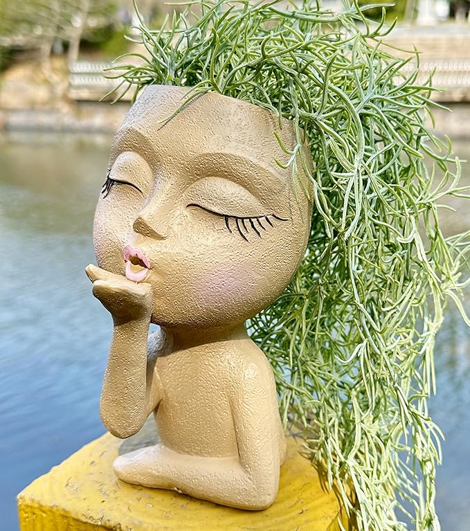 Cute Head Planter Pot/Face Planters for Indoor Plants,with Drainage Hole,Girl Face Flower Pot Cute Lady Head Planters Pot for Indoor Outdoor Plants,Cute Resin Succulent Planter (Khaki)