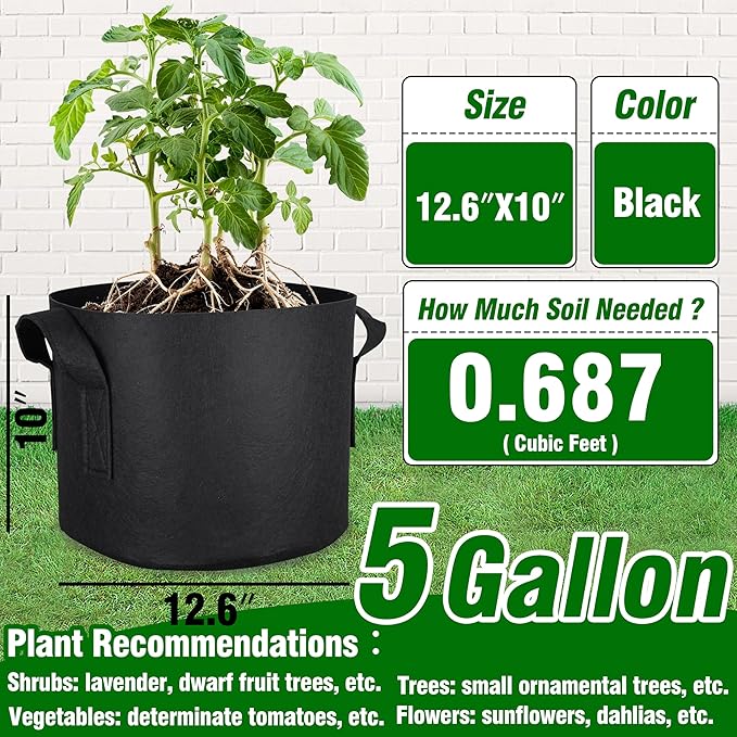 PHYEX 12-Pack 5 Gallon Grow Bags, Thickened 300G Nonwoven Fabric Pots with Reinforced Handles, Planting Bags for Healthy Root Growth, Vegetables, and Flowers, Come with 12 Pcs Plant Labels