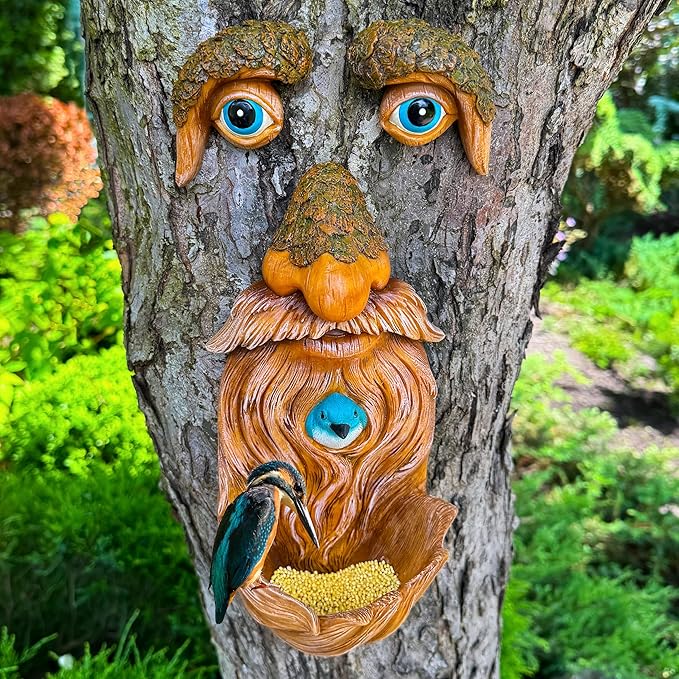 Mood Lab Tree Faces Decor Outdoor - Old Man Bird Feeder - Tree Hugger Garden Decoration - Yard Art Statues