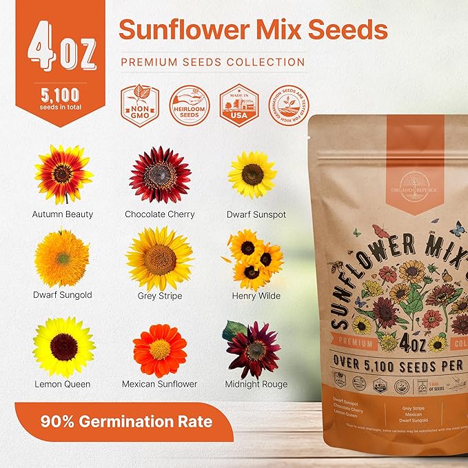 Sunflower Mix Seeds Pack 4 oz - Over 5,100 Non-GMO Heirloom Sunflower Seeds for Planting, Annual Flowers in Individual Seed Packet, Sunflower Seeds for Planting Home Garden Indoor & Outdoor Gardening