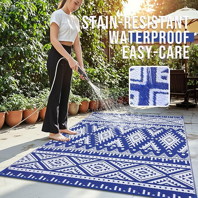 OLANLY Outdoor Rug Waterproof 9x12 ft, Reversible Outdoor Plastic Straw Rug, Boho Patio Rug, Indoor Outdoor Carpet, RV Mat Outside for Patio, Camp, Picnic, Balcony, Deck, Backyard, Blue & White