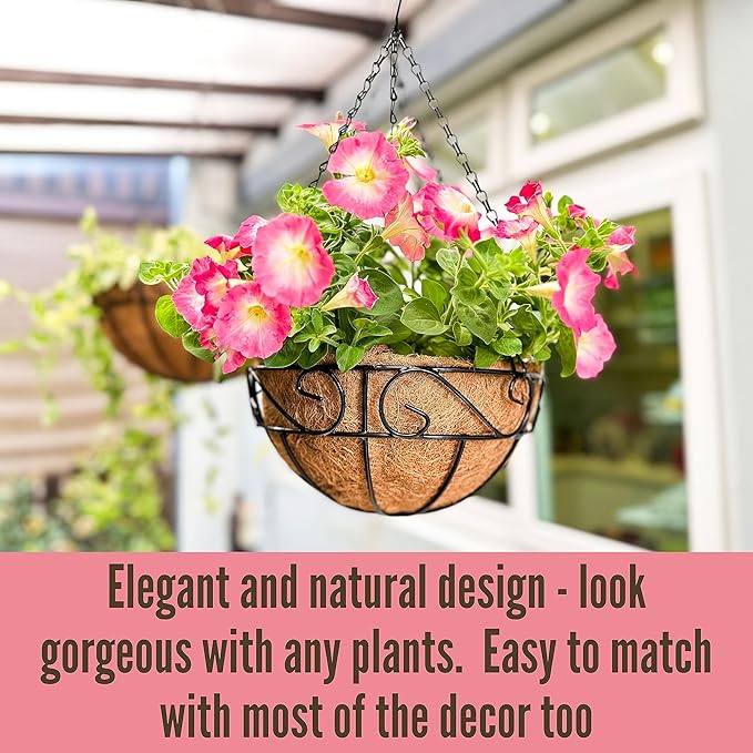LaLaGreen Hanging Planter for Outdoor Plants (2 Pack, 12 Inch) Hanging Baskets with Coco Liner, Metal Wire Flower Basket Pots with Hook Hanger Balcony Porch Farmhouse Country Style Garden Decor