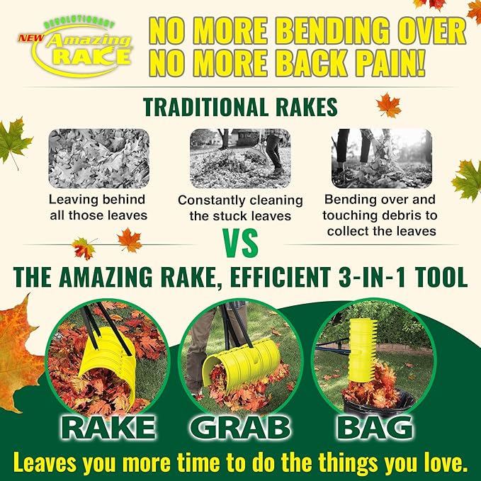 Amazing Rake Back Saving Garden Rake ― Leaf Rakes for Gardening ― Leaf Picker Upper ― Heavy Duty Leaves Claw & Rakes Lawns Garden Tool ― Easy Leaf & Grass Grabber Without Bending Over ― Green