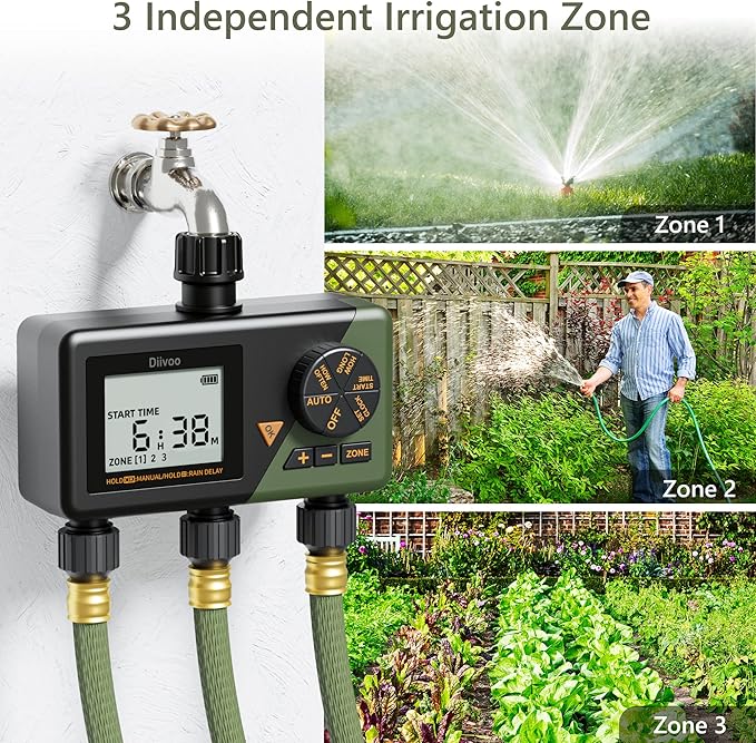 Diivoo Sprinkler Timer 3 Zone, Water Hose Timer 3 Outlet for Garden, Programmable Automatic Irrigation Timer with Rain Delay and Manual/Auto Mode Watering IP54 for Lawn, Yard, Pool