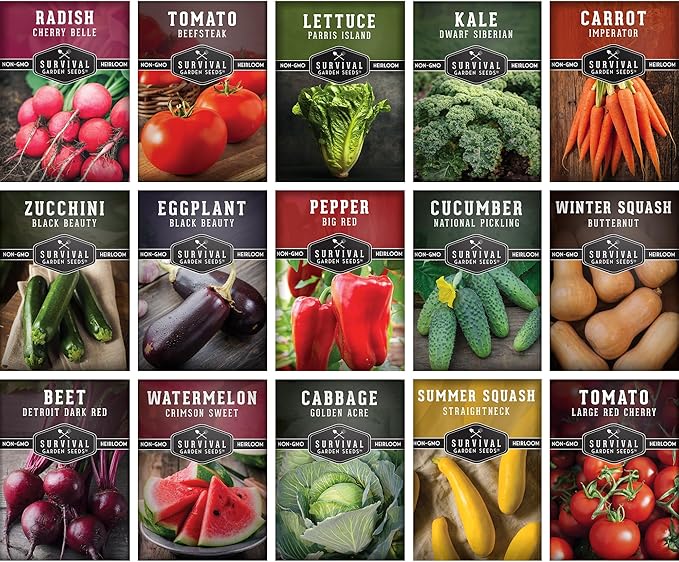 Survival Garden Seeds Vegetable Garden Collection Seed Vault - Non-GMO Heirloom Family Garden Seeds for Planting - 15 Non-Hybrid Varieties of Vegetables