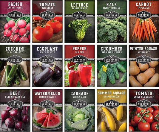 Survival Garden Seeds Vegetable Garden Collection Seed Vault - Non-GMO Heirloom Family Garden Seeds for Planting - 15 Non-Hybrid Varieties of Vegetables