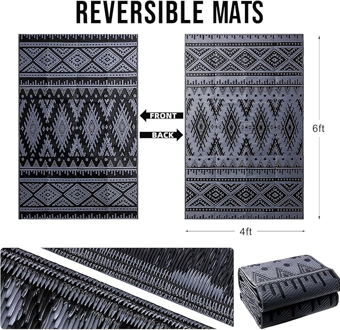 OLANLY Outdoor Rug Waterproof 4x6 ft, Reversible Outdoor Plastic Straw Rug, Boho Patio Rug, Indoor Outdoor Carpet, RV Mat Outside for Patio, Camp, Picnic, Balcony, Deck, Backyard, Black & Grey
