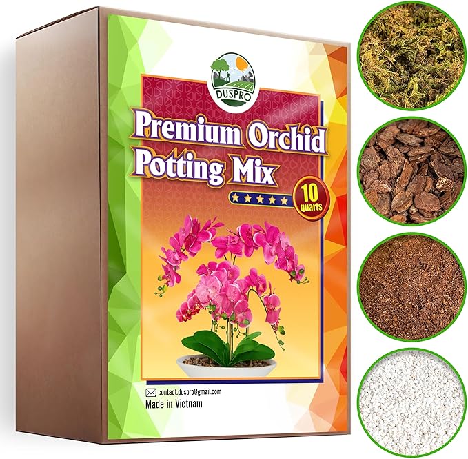 DUSPRO Orchid Potting Mix for Repotting with Moss Pine Bark Mulch Perlite & Coco Peat Natural Ingredients, Orchid Bark Potting Mix, Orchid Repotting Kit Drainage Indoor Potting Medium Great 10QT