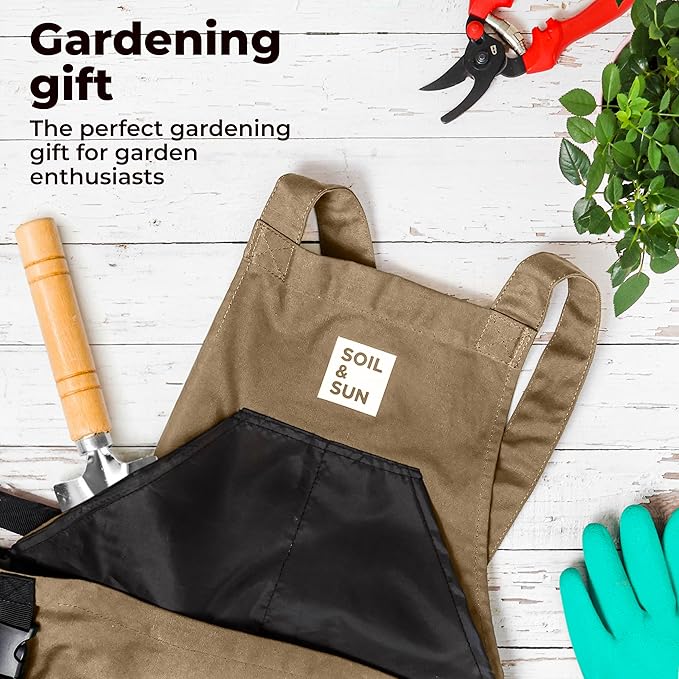 Soil & Sun Gardening Apron with Pockets and Harvesting Pouch - Durable Canvas Design for Men and Women - Convenient Tool Storage and Effortless Harvesting (Dark Beige)