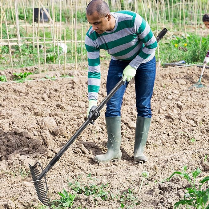 48'' Bow Rake Heavy Duty Garden Rake with Stainless Steel Handle, Tines Metal Head Rake Tool for Loosening Soil Gathering Leaf Leveling Lawn Farming Land Management Yarn Thatch Rake