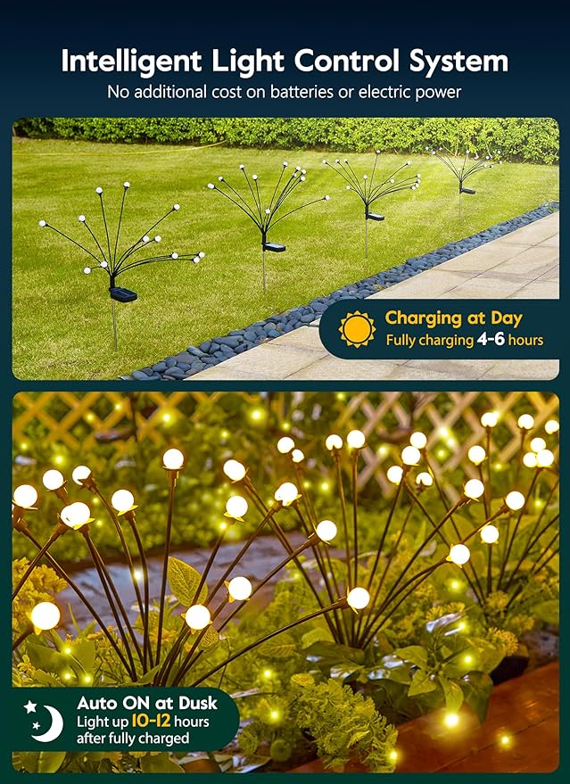 Solar Garden Lights - 8 Pack 12 LED Solar Firefly Lights with 2 Lighting Mode, Sway by Wind, Waterproof Solar Outdoor Light for Yard Patio Walkway Decoration, Warm White