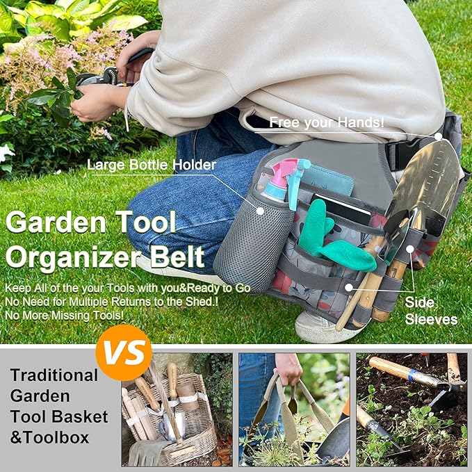Gardening Apron Garden Tool Belt Set - Garden Apron W/Pockets Gardening Tool Pouch Garden Tool Organizer Belt (Grey)