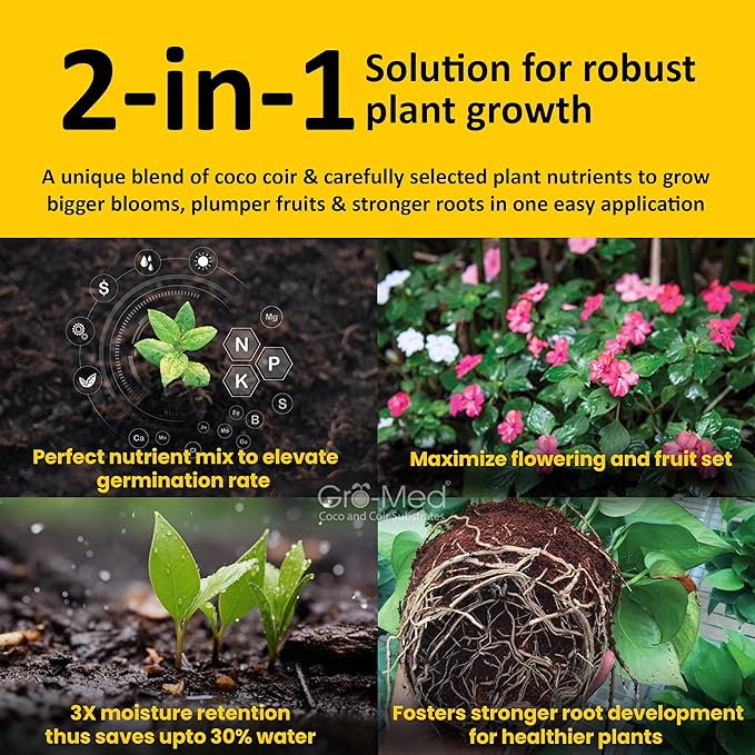 Gro-Med Coco Coir Block - 10lb, Coir Fiber Brick Enriched NPK Expands Upto 80 Quarts - Organic Potting Soil for Flowers, Herbs, Low EC Planting - Growing Medium for Gardening - Seed Starter Soil