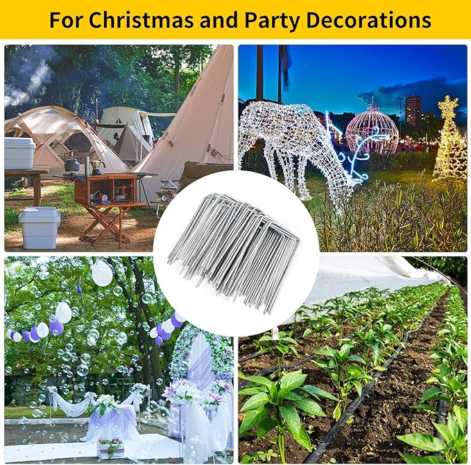 CEWOR 200 Pack Landscape Staples 4 Inches, Galvanized Metal Garden Stakes Landscaping Landscape Fabric Staples Sod Pins for Lawn, Barrier Fabric, Garden Fence, Ground Cover