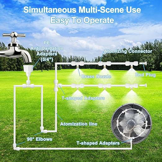Misting Systems White, Outside Patio Misters, 100FT Misting Cooling System+30 Brass Mister System+2 PE Antioxidant Adapters 3/4"+2 Tee Adapters+2 90 Degree Elbows for Pasture&Garden&Gazebo (White)