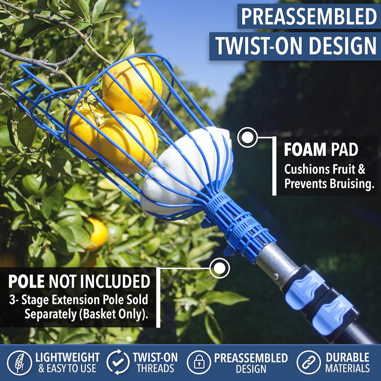 EVERSPROUT Twist-On Fruit Picker Basket, Twists onto Standard US Threaded Pole (3/4-inch ACME), Fruit Picker Head Basket, Fruit Harvesting Tool, Apple, Mango Picker etc. (Head Only, Pole Not Included)