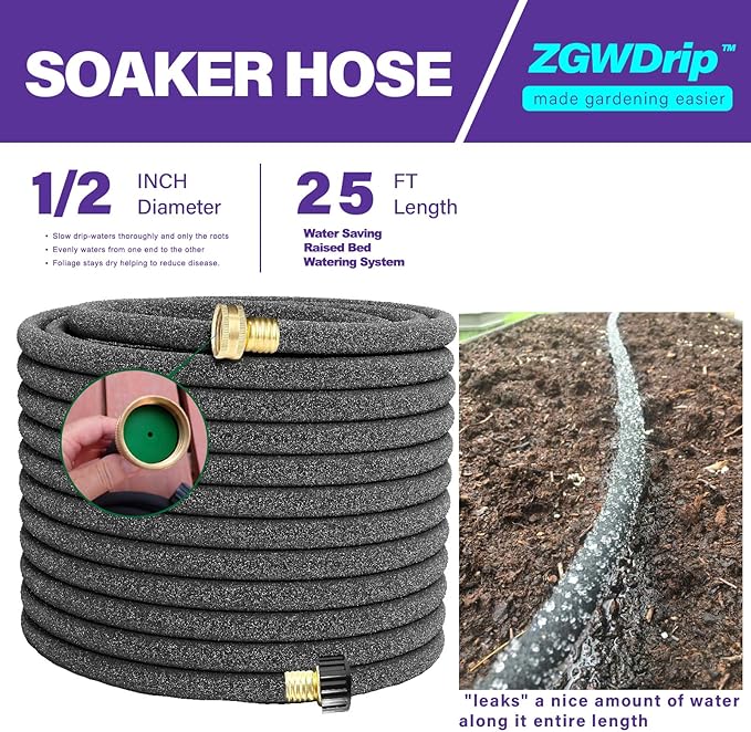 Soaker Hose 25 FT,1/2 Inch Soaker Garden Hose with 3/4" Solid Brass Connectors