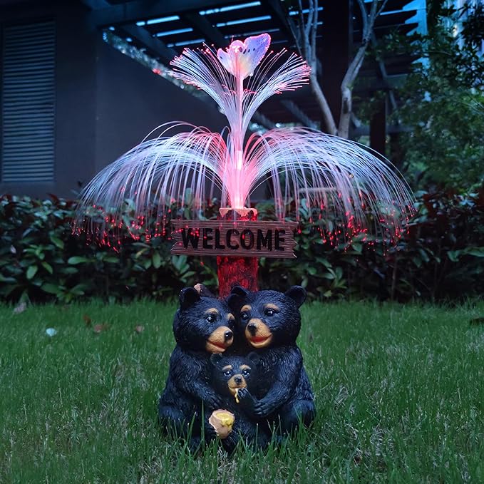 Solar Bear Garden Statues,Resin Black Bear Family Figurine with Welcome Card and 7-Color Changing Optical Fiber with Solar Lights, Lawn Decor Outdoor Statue for Patio,Balcony,Yard,Lawn
