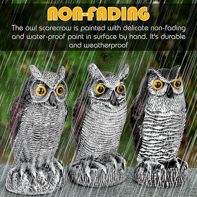 3-Pack Owl Decoys for Bird Deterrent - Weatherproof Bird Repellent Devices for Outdoor Use - Plastic Owls to Scare Birds Away and Control Garden Pests