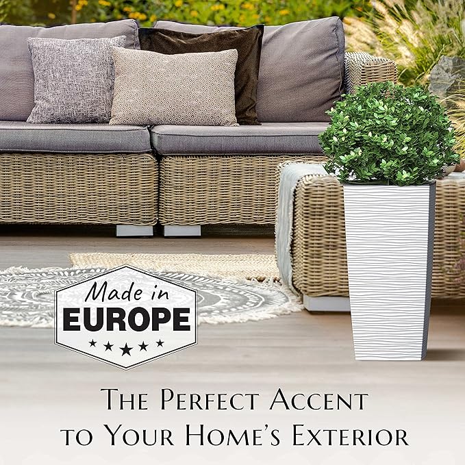 Mueller M-Resin Heavy Duty Tall Planter, Indoor/Outdoor Grande Plant, Tree, Flower Pot, 2-Piece Set, 18”, Modern Design, Built-in Drainage, White