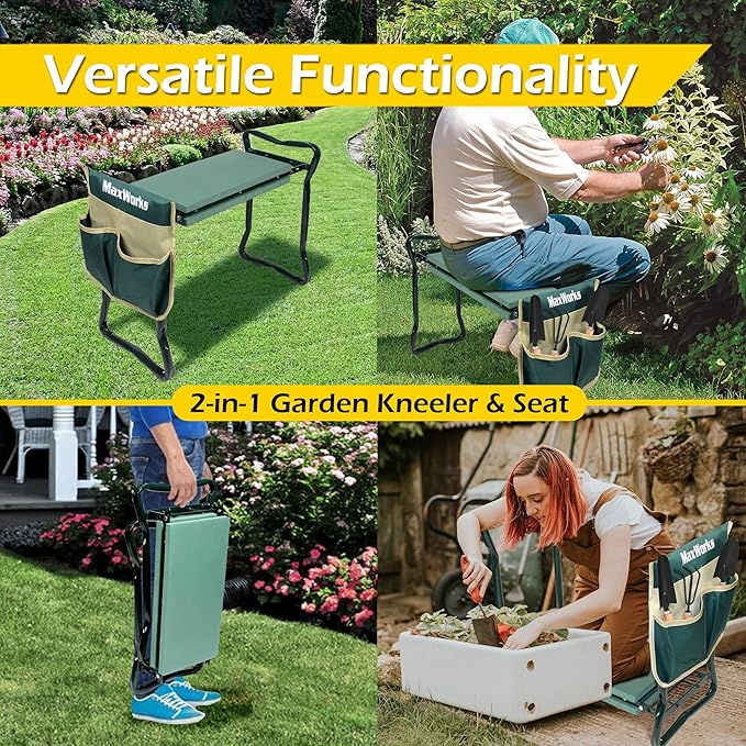MaxWorks 50921 Folding Garden Kneeler Stool with 8 inch Wide Kneeling Pad, with 1 Tools Pouch for Planting and Gardening (Pack of 2)