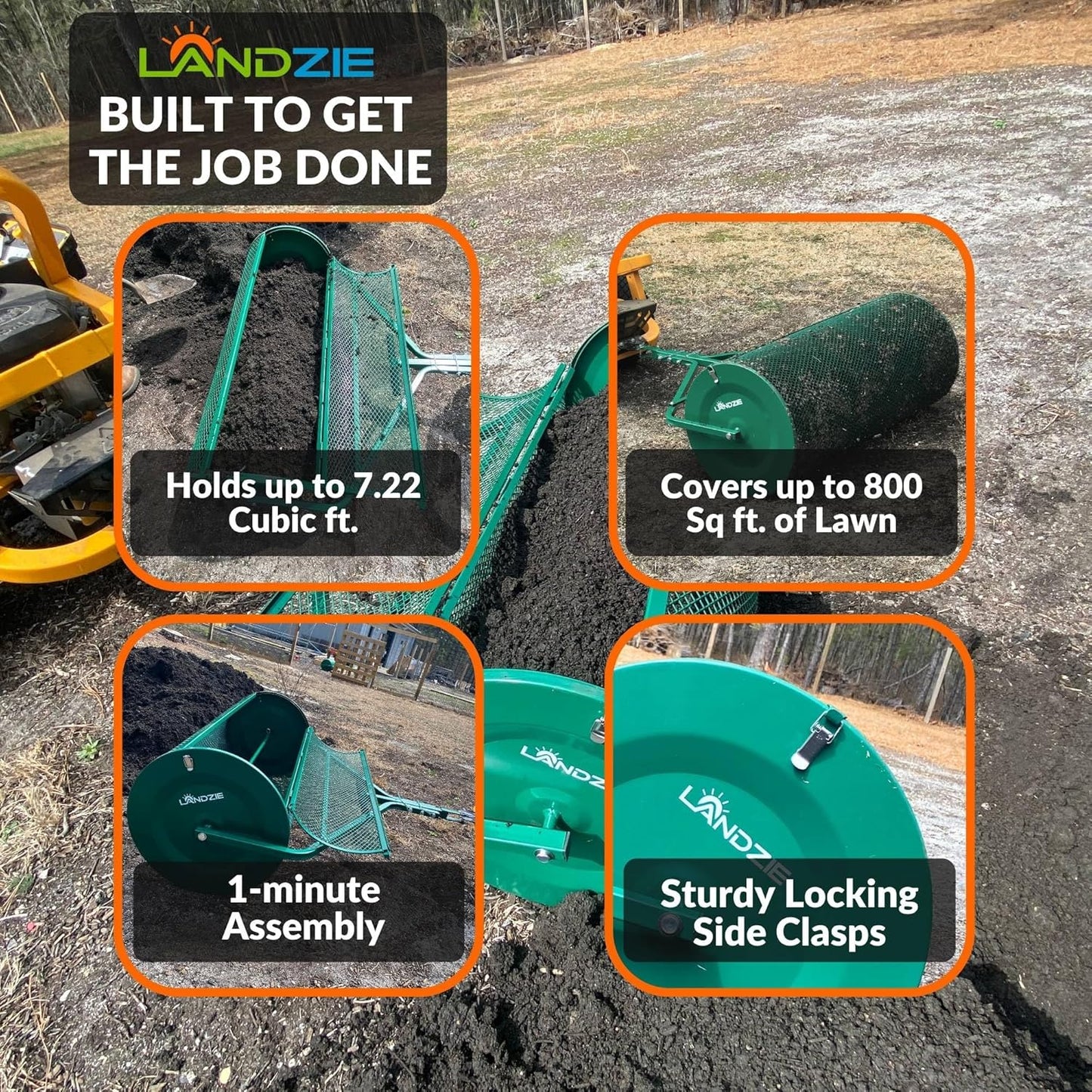 LANDZIE Lawn & Garden Spreaders - 44 Inch Heavy Duty Metal Mesh Basket Push/Tow Spreader - Compost, Peat Moss, Top Soil, Mulch - Durable Lightweight Multi-Purpose Yard Care Equipment - Manure Spreader