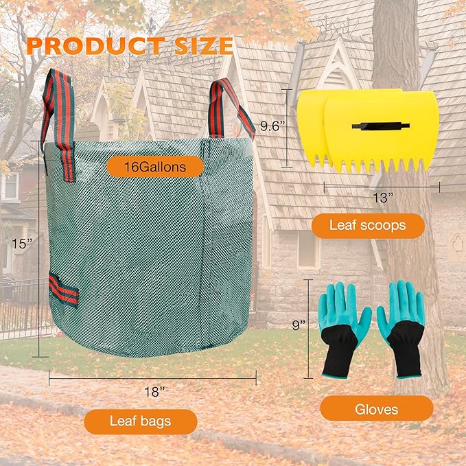 HQPASFY Weeding Sickle Set, Long Handle Sickle with Serrated Double-Edged Blade, Grass Sickle Stand Up Weeding Tool with 2 Pack Leaf Scoops, 16 Gallon Lawn Bag with Gardening Gloves ﻿﻿for Yard