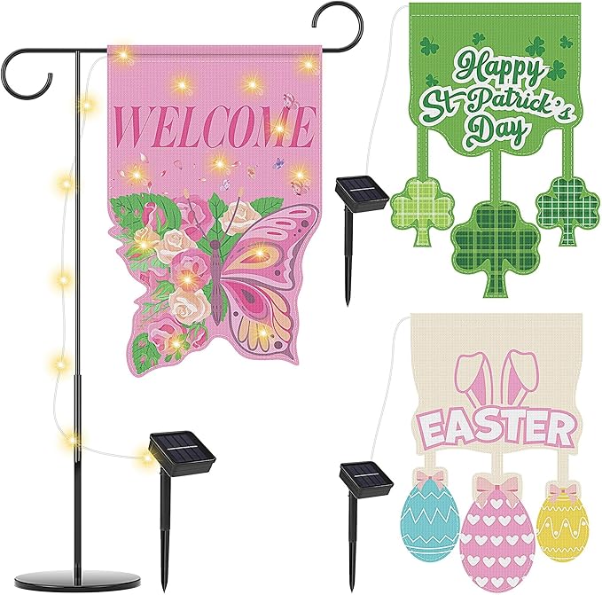 3 Set Seasonal Garden Flags with 8 Modes Solar LED Double Sided 12 x 18 Inch Small Yard Flags Outdoor Lighted Welcome Spring Easter St. Patrick's Day Clover Garden Decor for All Seasons