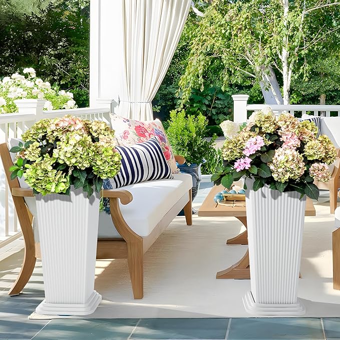 Set of 2 Large Tall Planter for Indoor or Outdoor 24" Tall Flower Pots Tapered Tall Planters with Tray for Porch, Patio, Backyard, Large Planters for Outdoor Indoor Plants(White,Striped)