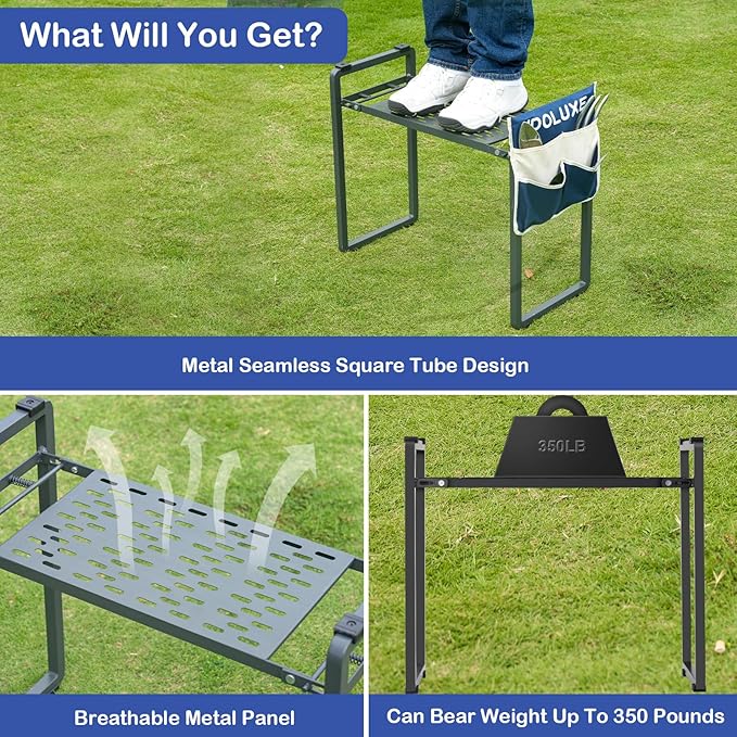 Foldable Garden Kneeler and Seat - 350 Lbs Heavy Duty Gardening Stool with Large Tool Bag, Thicker Wider Softer Kneeling Pad, Portable Garden Bench Gardening Gifts for Women, Seniors - Blue