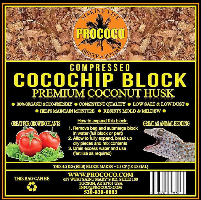 Prococo Compressed Coconut Husk Coco Coir Chips Natural Cocochip Block Great for Reptile Bedding Substrate, Mulch for Landscaping, Garden, Plant Soil Mixes 10 lbs