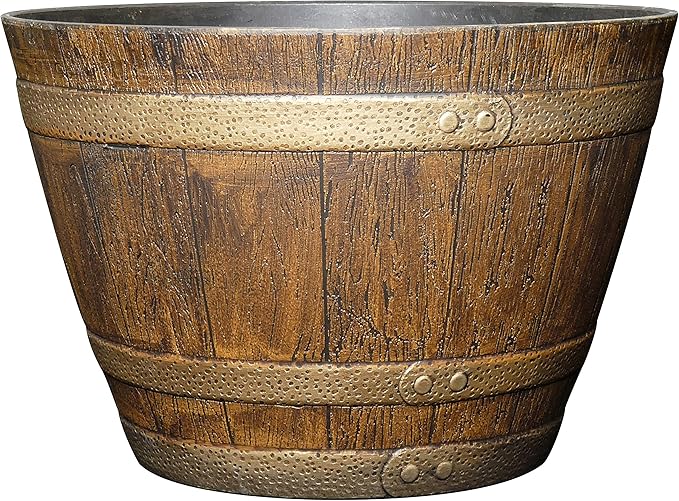Classic Home and Garden Whiskey Plastic Resin Flower Pot Barrel Planter, Oak Brown, 15"